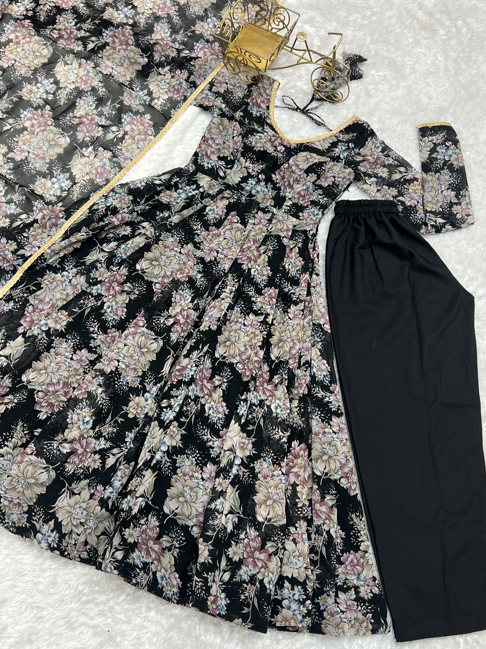 Black High-End Laheriya Print Anarkali Set – Pure Fox Georgette Floral Print with Dupatta & Pants – Ready-to-Wear for Summer Weddings