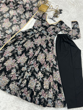 Black High-End Laheriya Print Anarkali Set – Pure Fox Georgette Floral Print with Dupatta & Pants – Ready-to-Wear for Summer Weddings