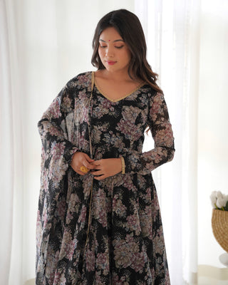 Black High-End Laheriya Print Anarkali Set – Pure Fox Georgette Floral Print with Dupatta & Pants – Ready-to-Wear for Summer Weddings
