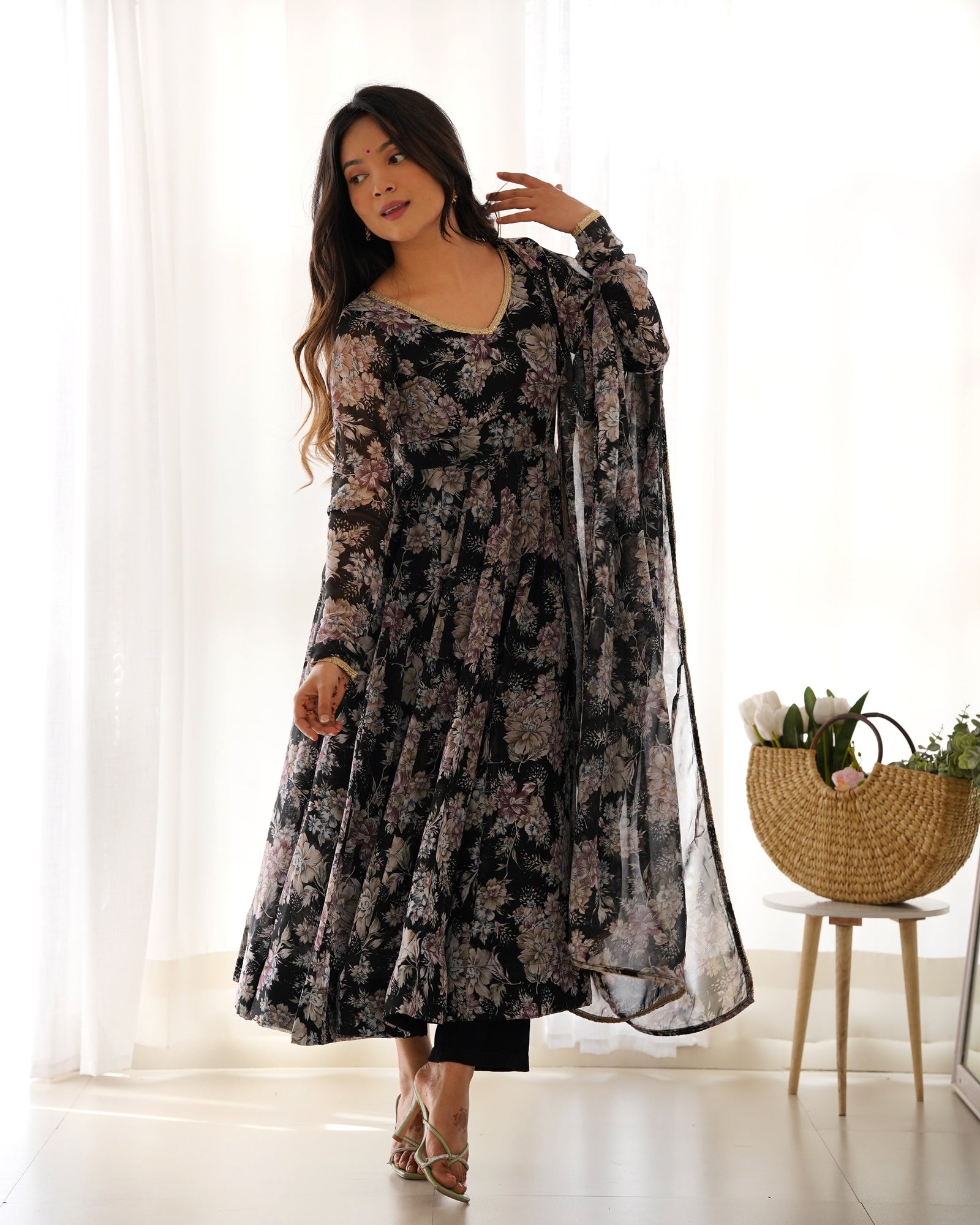 Black High-End Laheriya Print Anarkali Set – Pure Fox Georgette Floral Print with Dupatta & Pants – Ready-to-Wear for Summer Weddings