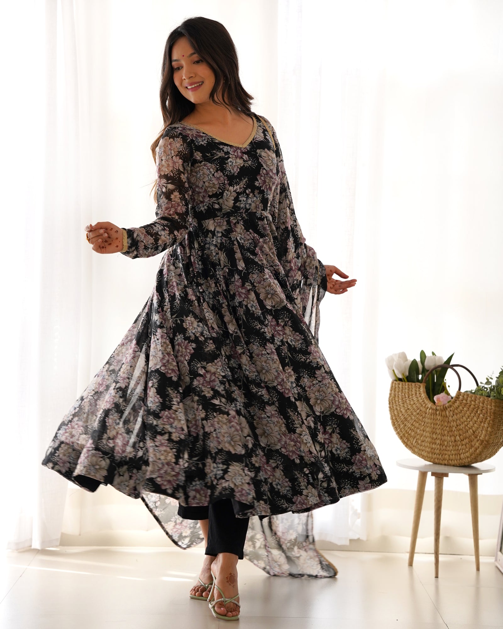 Black High-End Laheriya Print Anarkali Set – Pure Fox Georgette Floral Print with Dupatta & Pants – Ready-to-Wear for Summer Weddings