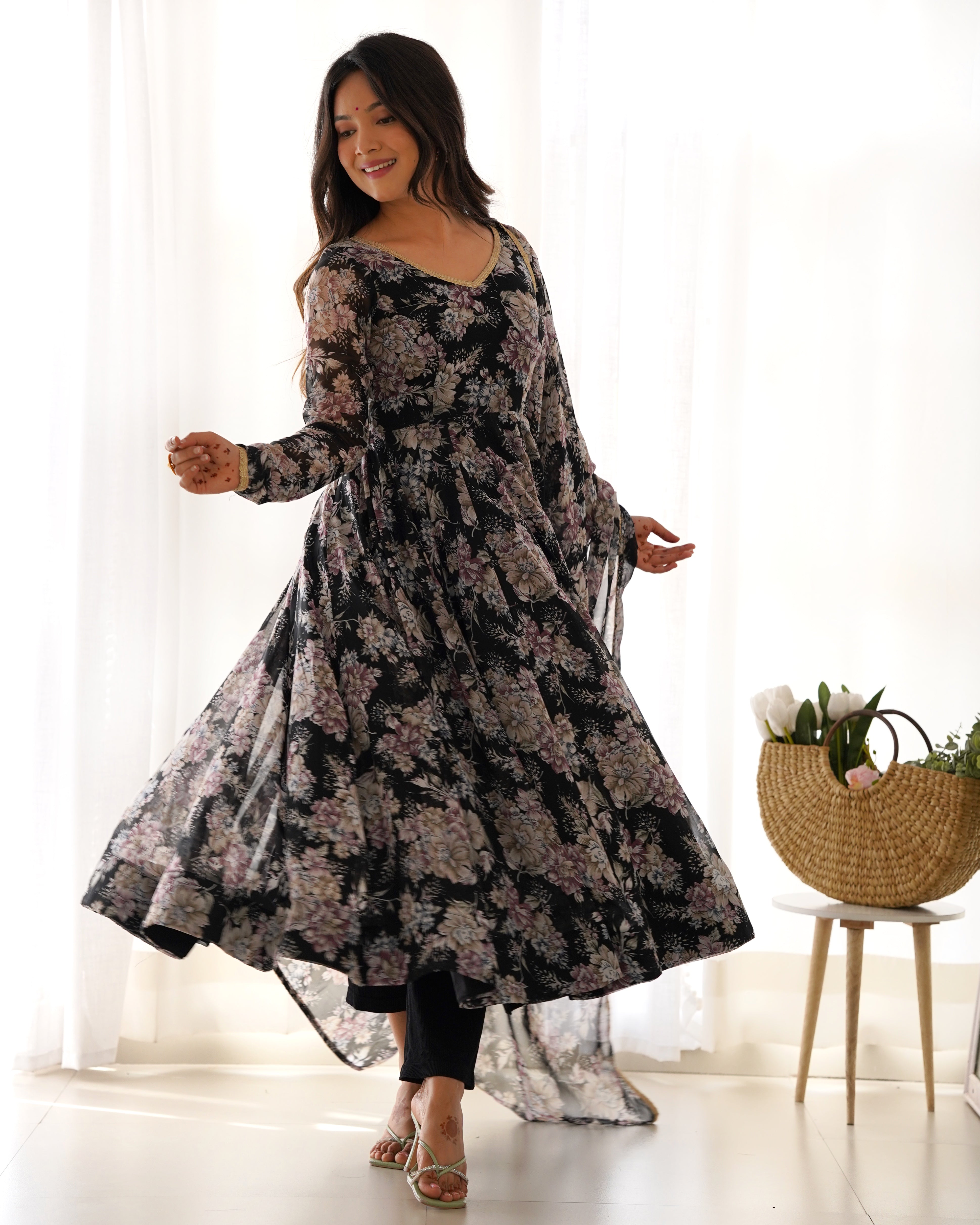 Black High-End Laheriya Print Anarkali Set – Pure Fox Georgette Floral Print with Dupatta & Pants – Ready-to-Wear for Summer Weddings Main image