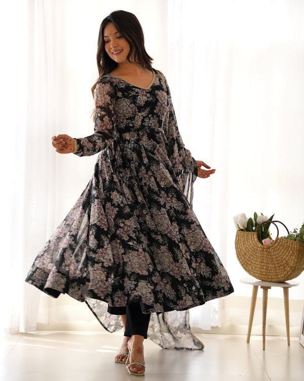 Black High-End Laheriya Print Anarkali Set – Pure Fox Georgette Floral Print with Dupatta & Pants – Ready-to-Wear for Summer Weddings