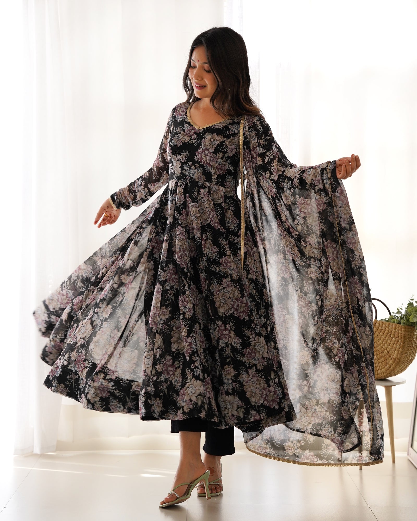 Black High-End Laheriya Print Anarkali Set – Pure Fox Georgette Floral Print with Dupatta & Pants – Ready-to-Wear for Summer Weddings