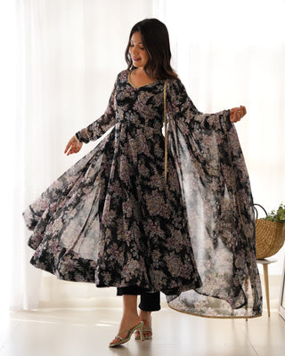 Black High-End Laheriya Print Anarkali Set – Pure Fox Georgette Floral Print with Dupatta & Pants – Ready-to-Wear for Summer Weddings
