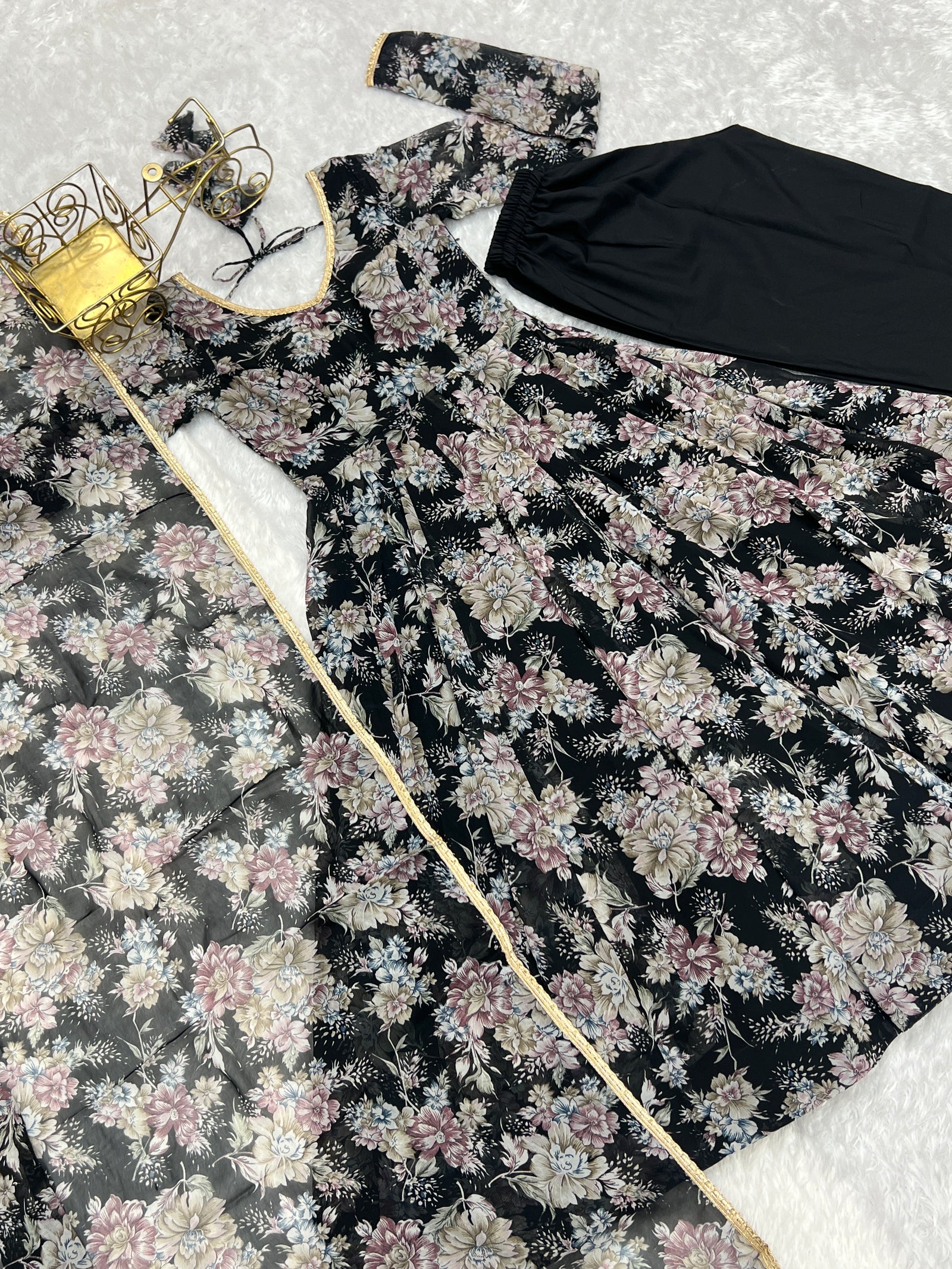 Black High-End Laheriya Print Anarkali Set – Pure Fox Georgette Floral Print with Dupatta & Pants – Ready-to-Wear for Summer Weddings