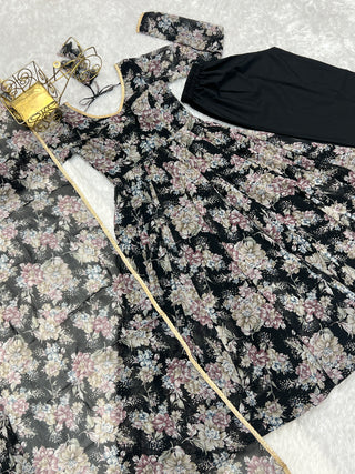 Black High-End Laheriya Print Anarkali Set – Pure Fox Georgette Floral Print with Dupatta & Pants – Ready-to-Wear for Summer Weddings