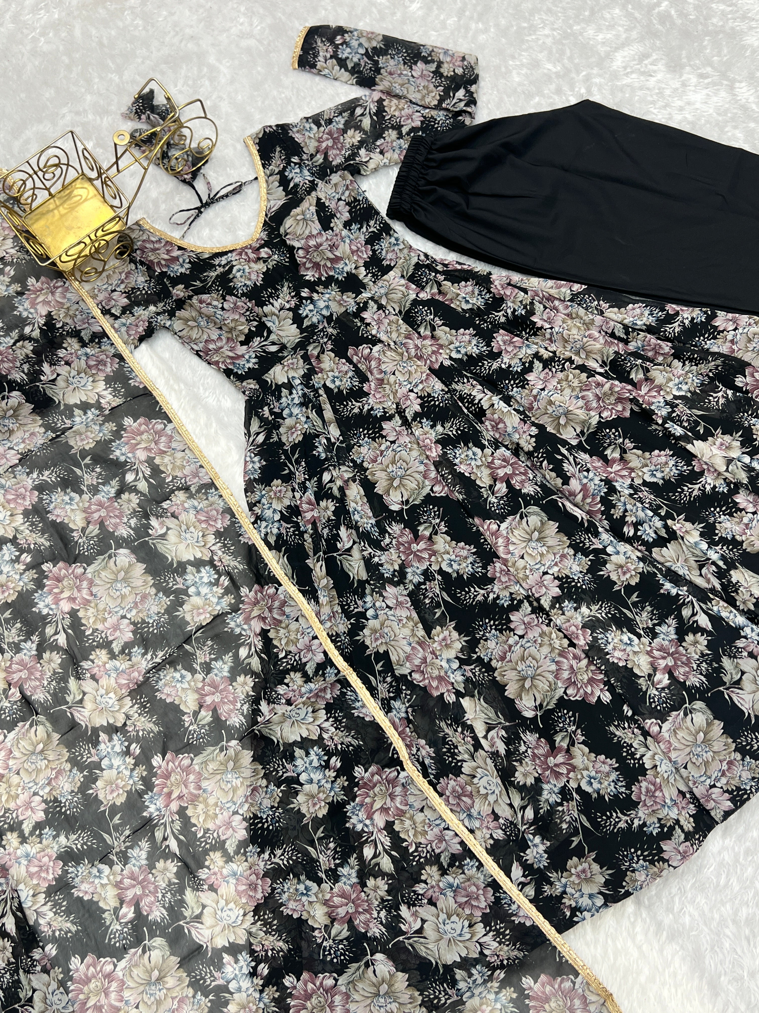 Black High-End Laheriya Print Anarkali Set – Pure Fox Georgette Floral Print with Dupatta & Pants – Ready-to-Wear for Summer Weddings