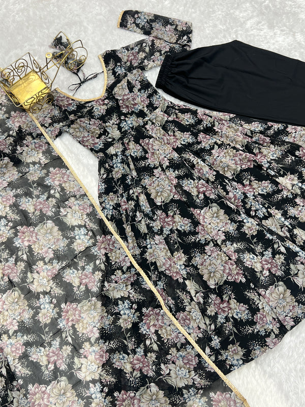 Black High-End Laheriya Print Anarkali Set – Pure Fox Georgette Floral Print with Dupatta & Pants – Ready-to-Wear for Summer Weddings