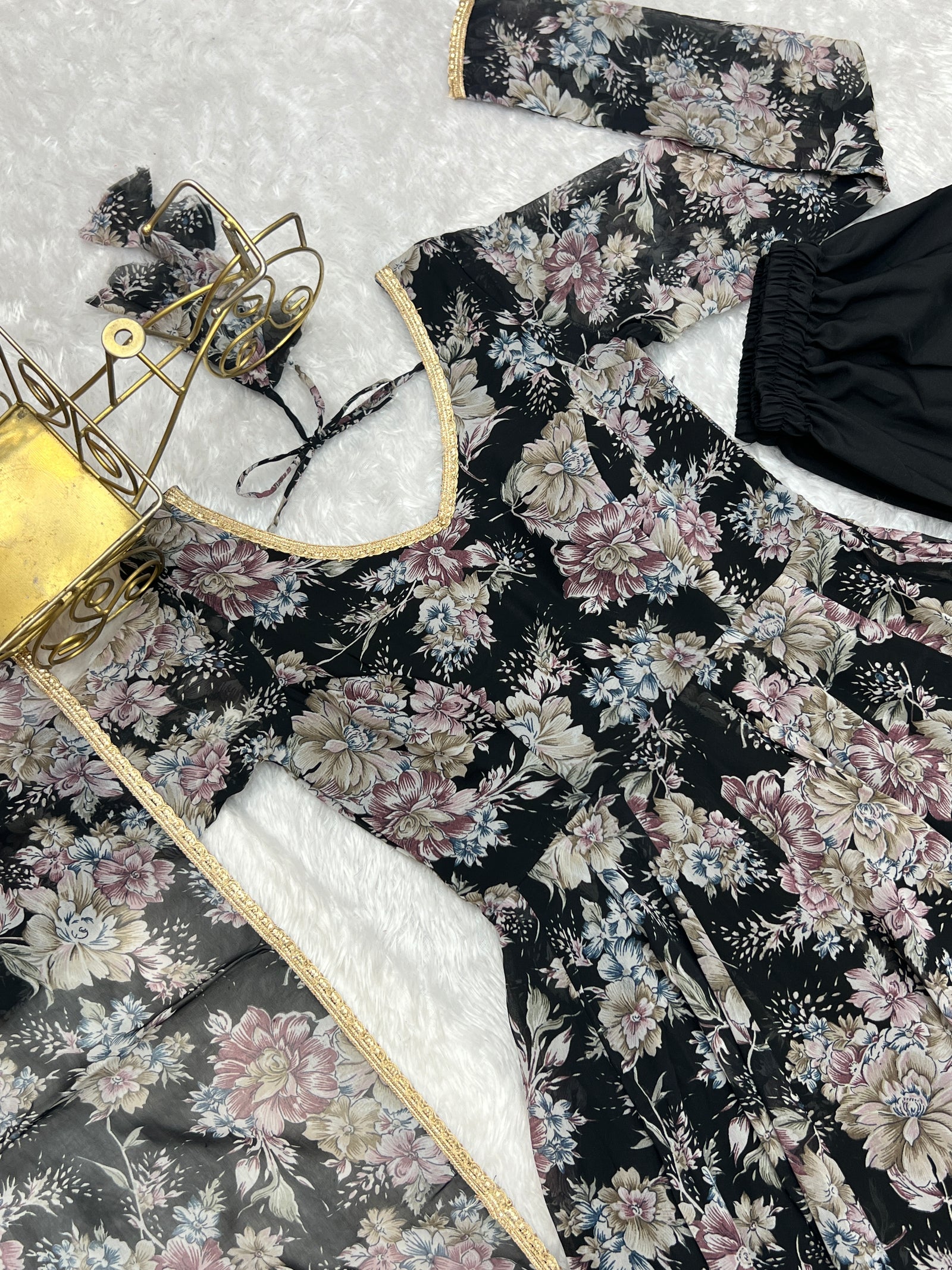 Black High-End Laheriya Print Anarkali Set – Pure Fox Georgette Floral Print with Dupatta & Pants – Ready-to-Wear for Summer Weddings