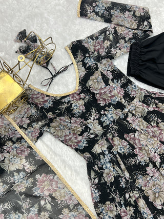 Black High-End Laheriya Print Anarkali Set – Pure Fox Georgette Floral Print with Dupatta & Pants – Ready-to-Wear for Summer Weddings
