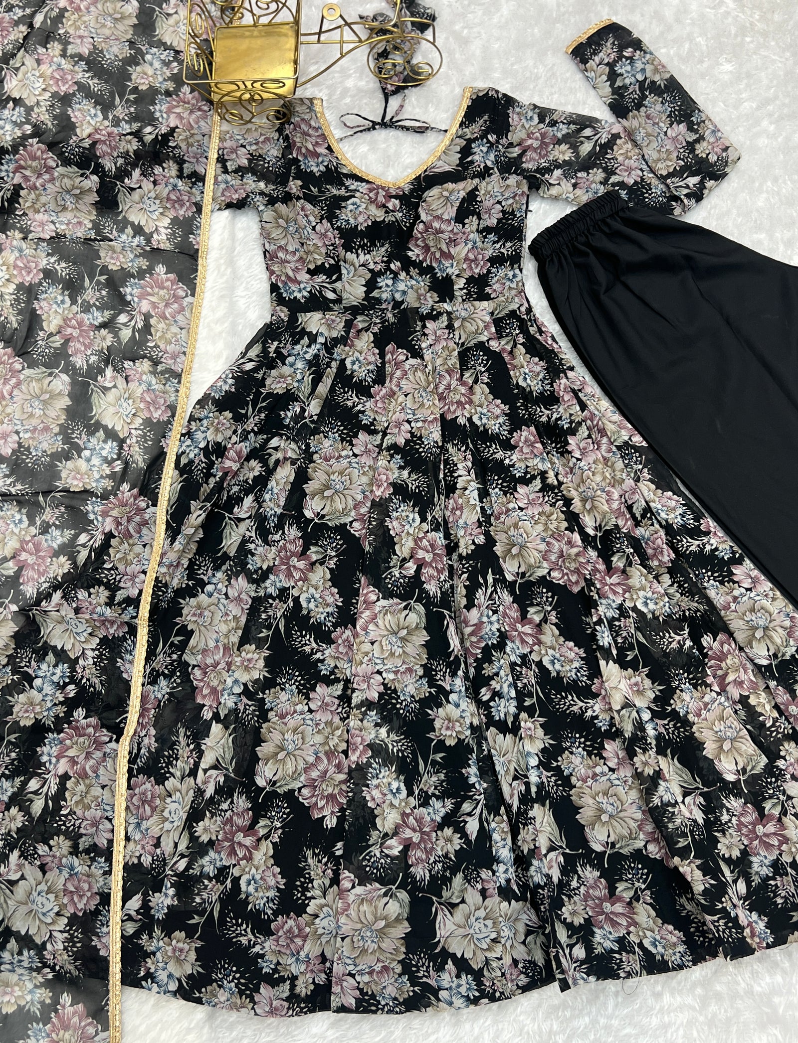 Black High-End Laheriya Print Anarkali Set – Pure Fox Georgette Floral Print with Dupatta & Pants – Ready-to-Wear for Summer Weddings