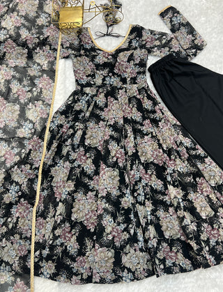 Black High-End Laheriya Print Anarkali Set – Pure Fox Georgette Floral Print with Dupatta & Pants – Ready-to-Wear for Summer Weddings