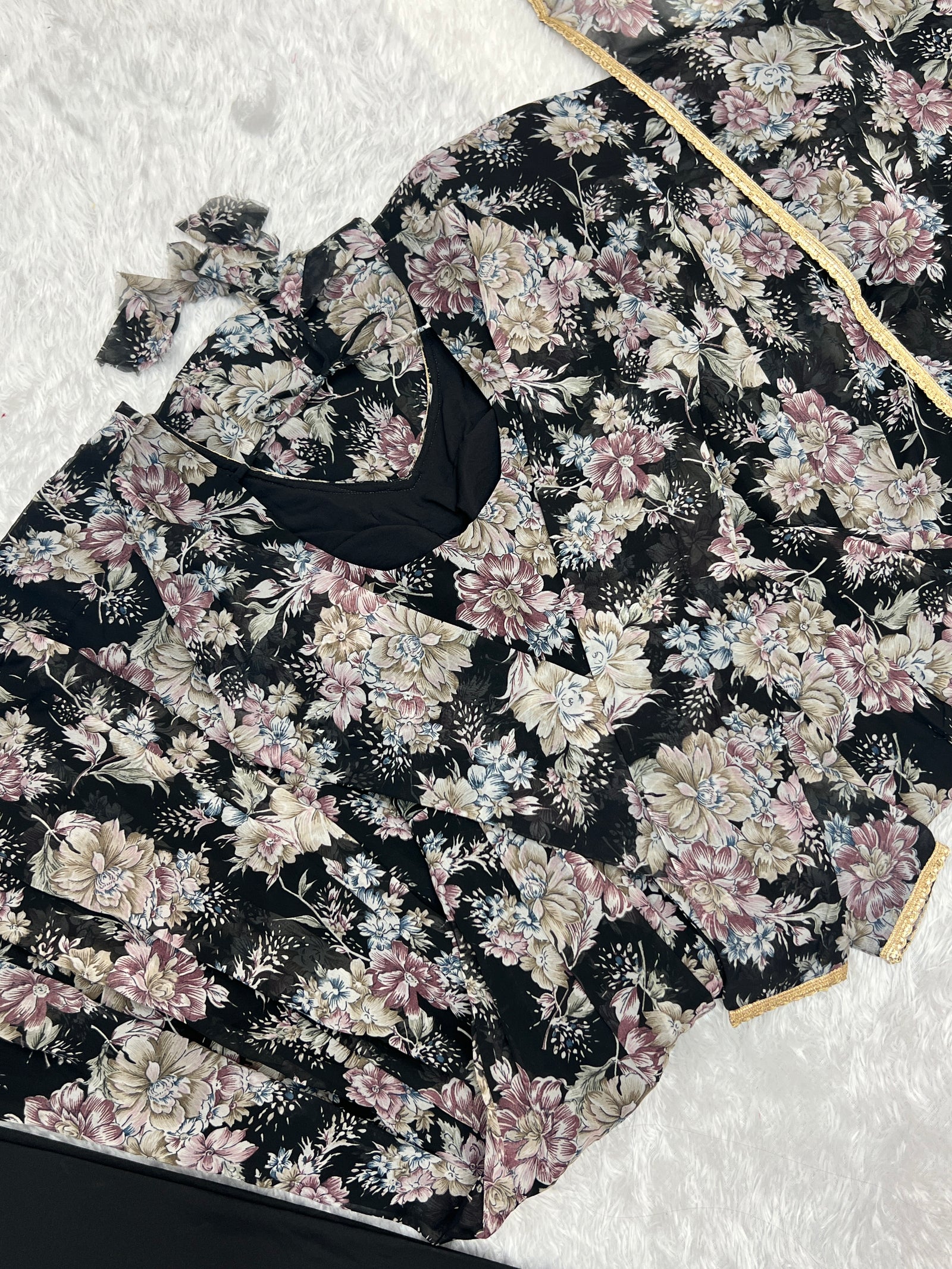 Black High-End Laheriya Print Anarkali Set – Pure Fox Georgette Floral Print with Dupatta & Pants – Ready-to-Wear for Summer Weddings