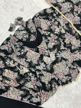 Black High-End Laheriya Print Anarkali Set – Pure Fox Georgette Floral Print with Dupatta & Pants – Ready-to-Wear for Summer Weddings