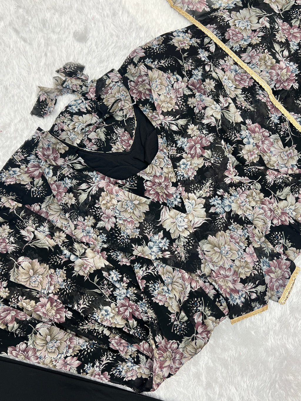 Black High-End Laheriya Print Anarkali Set – Pure Fox Georgette Floral Print with Dupatta & Pants – Ready-to-Wear for Summer Weddings