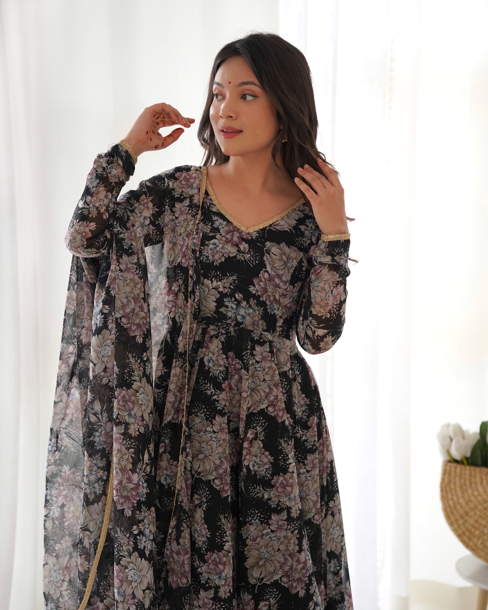 Black High-End Laheriya Print Anarkali Set – Pure Fox Georgette Floral Print with Dupatta & Pants – Ready-to-Wear for Summer Weddings