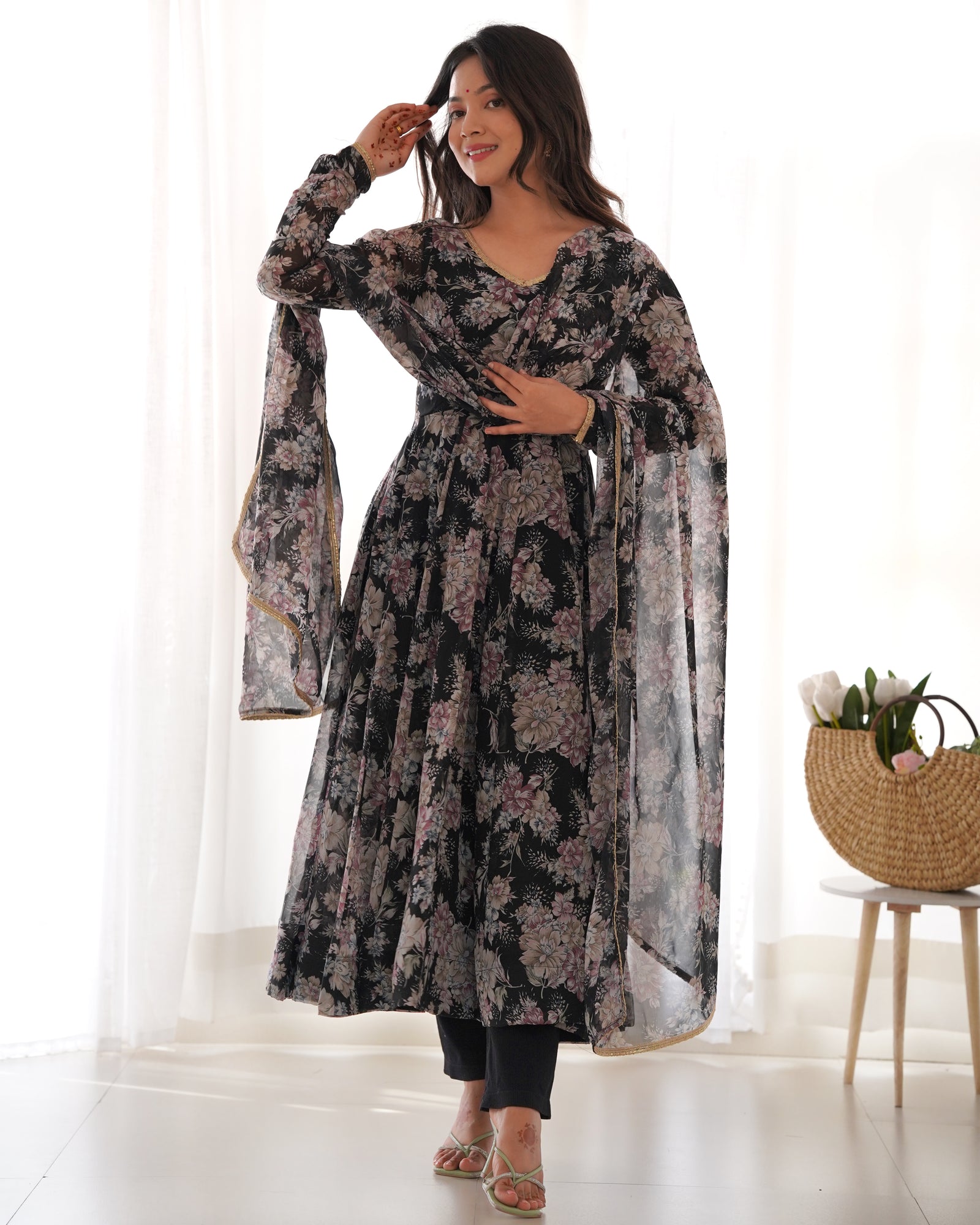 Black High-End Laheriya Print Anarkali Set – Pure Fox Georgette Floral Print with Dupatta & Pants – Ready-to-Wear for Summer Weddings