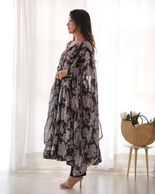 Black High-End Laheriya Print Anarkali Set – Pure Fox Georgette Floral Print with Dupatta & Pants – Ready-to-Wear for Summer Weddings