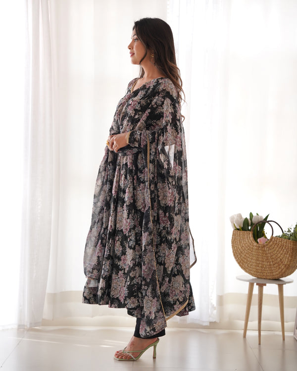 Black High-End Laheriya Print Anarkali Set – Pure Fox Georgette Floral Print with Dupatta & Pants – Ready-to-Wear for Summer Weddings