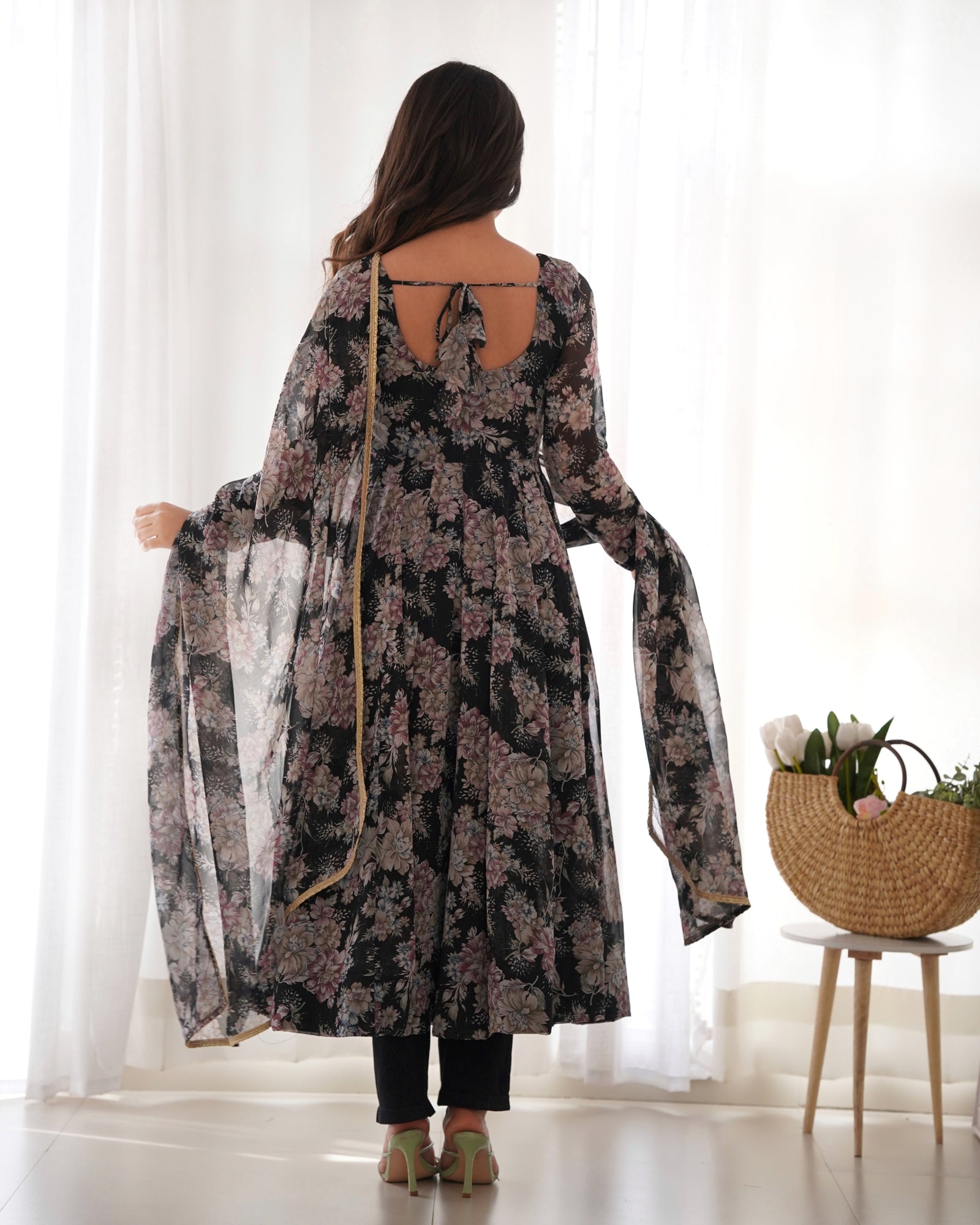 Black High-End Laheriya Print Anarkali Set – Pure Fox Georgette Floral Print with Dupatta & Pants – Ready-to-Wear for Summer Weddings