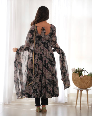 Black High-End Laheriya Print Anarkali Set – Pure Fox Georgette Floral Print with Dupatta & Pants – Ready-to-Wear for Summer Weddings