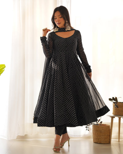 Black High-End Pure Fox Georgette Laheriya Print Anarkali Set with Dupatta – Perfect for Summer Weddings