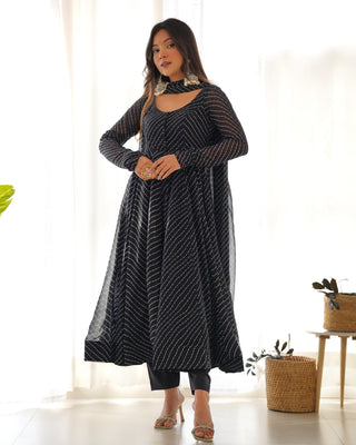 Black High-End Pure Fox Georgette Laheriya Print Anarkali Set with Dupatta – Perfect for Summer Weddings