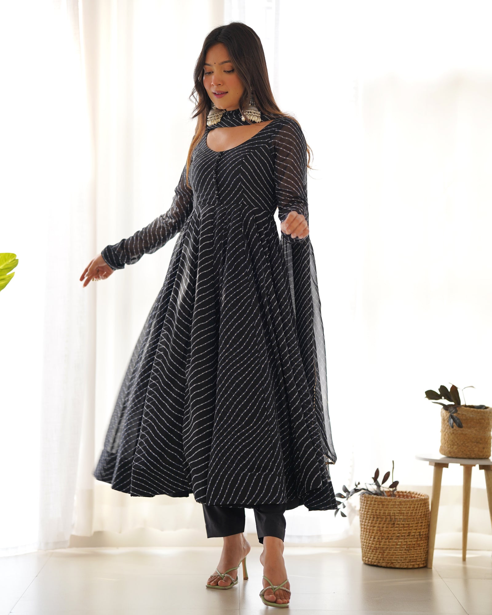 Black High-End Pure Fox Georgette Laheriya Print Anarkali Set with Dupatta – Perfect for Summer Weddings