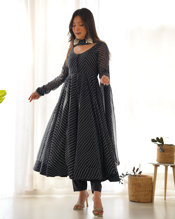 Black High-End Pure Fox Georgette Laheriya Print Anarkali Set with Dupatta – Perfect for Summer Weddings