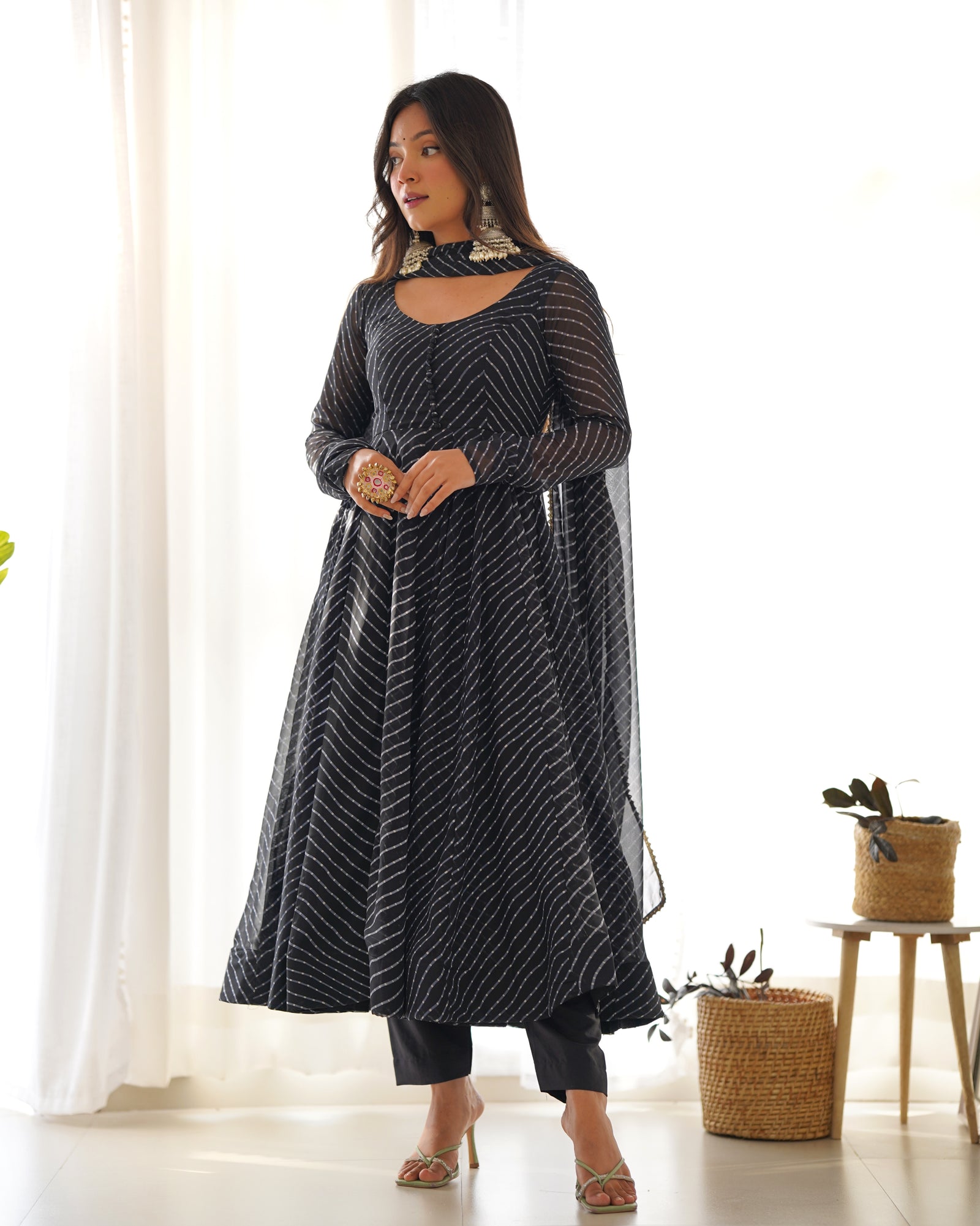 Black High-End Pure Fox Georgette Laheriya Print Anarkali Set with Dupatta – Perfect for Summer Weddings