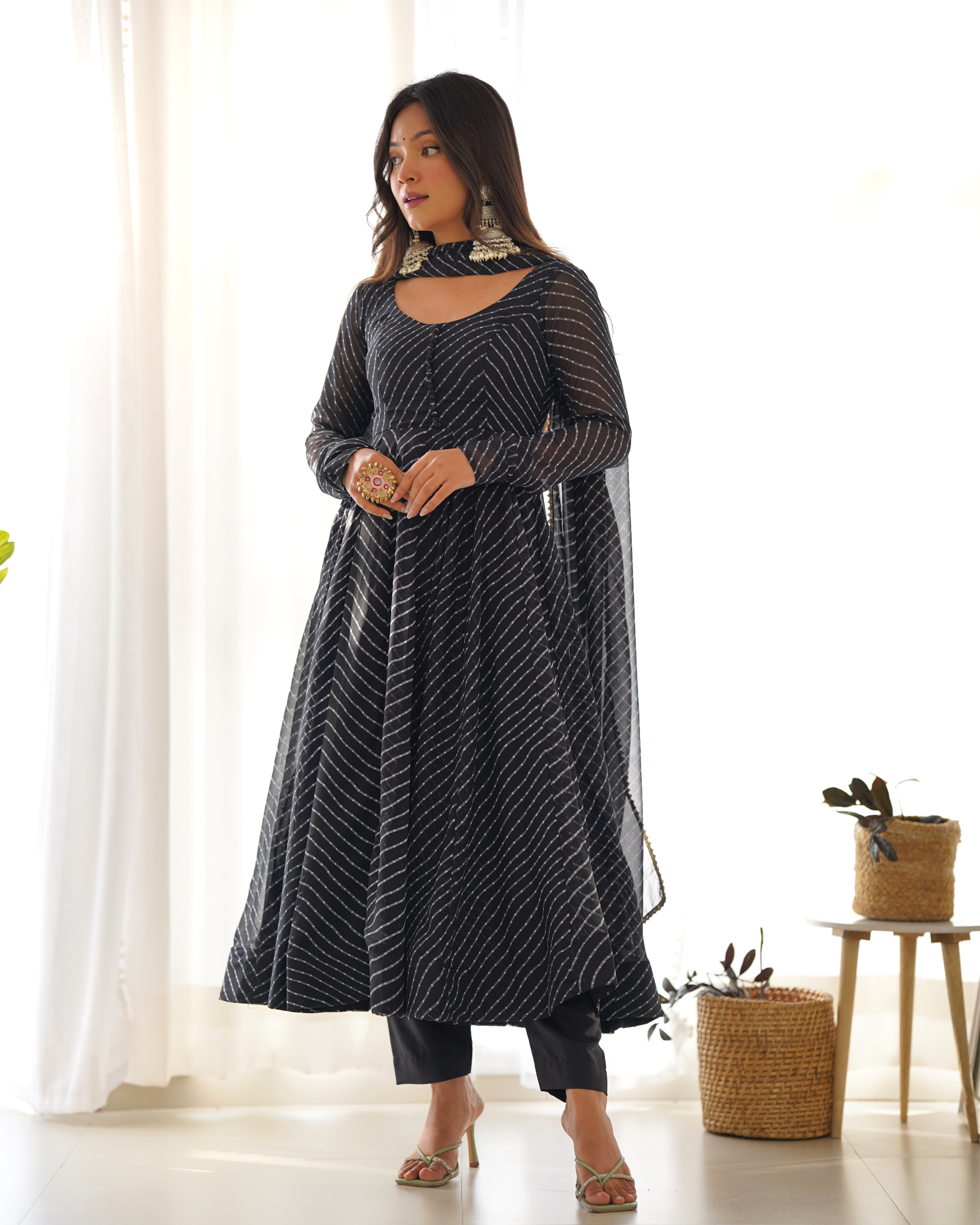 Black High-End Pure Fox Georgette Laheriya Print Anarkali Set with Dupatta – Perfect for Summer Weddings