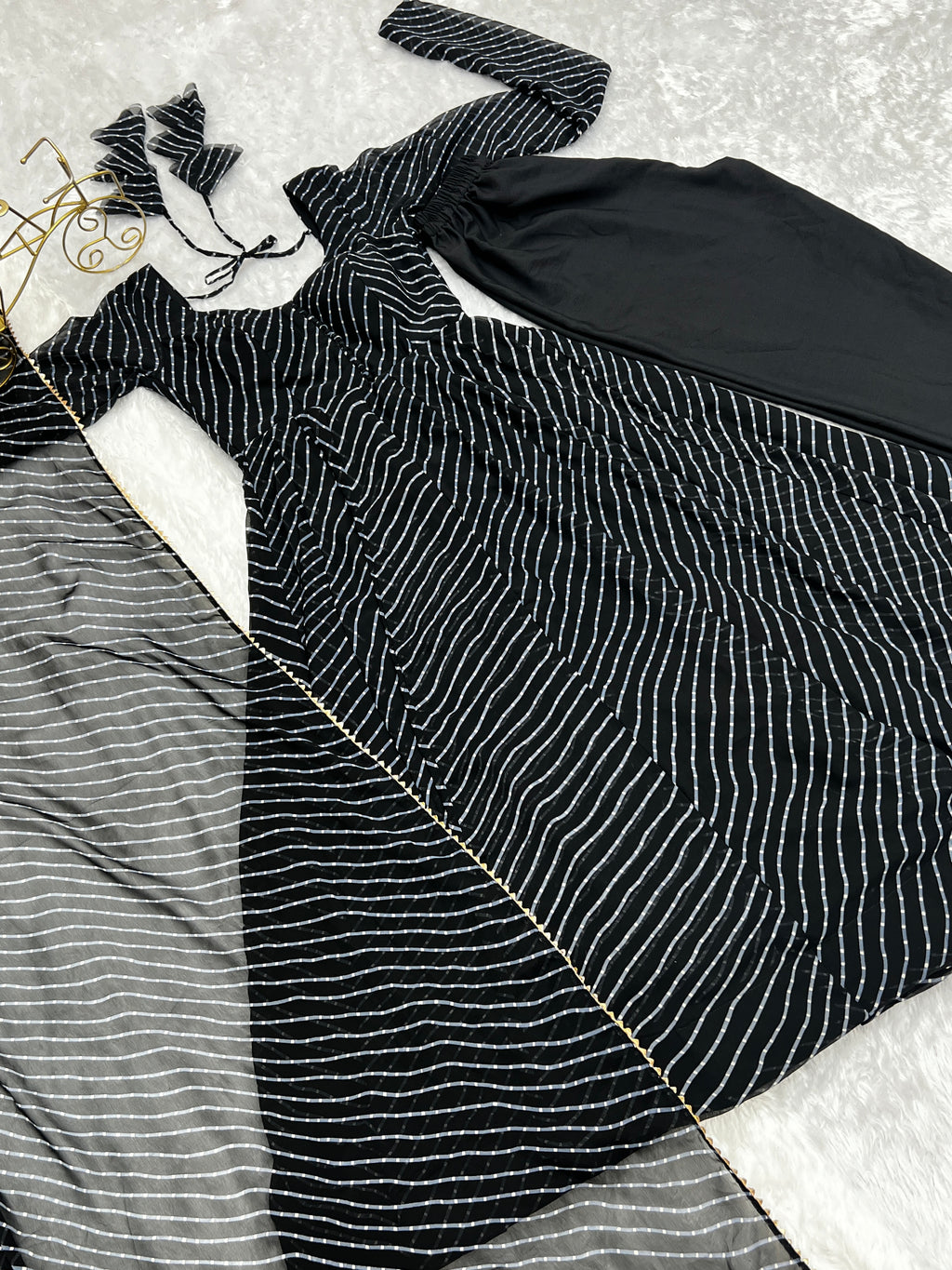 Black High-End Pure Fox Georgette Laheriya Print Anarkali Set with Dupatta – Perfect for Summer Weddings