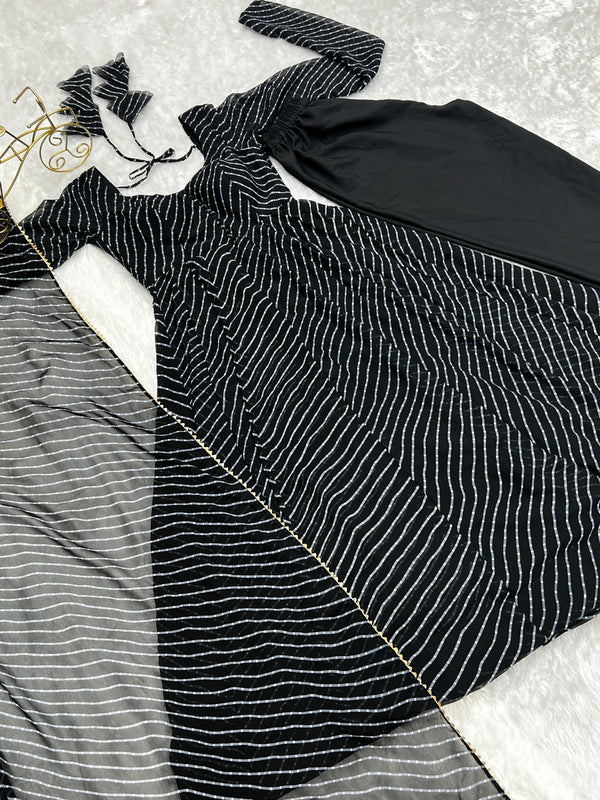 Black High-End Pure Fox Georgette Laheriya Print Anarkali Set with Dupatta – Perfect for Summer Weddings