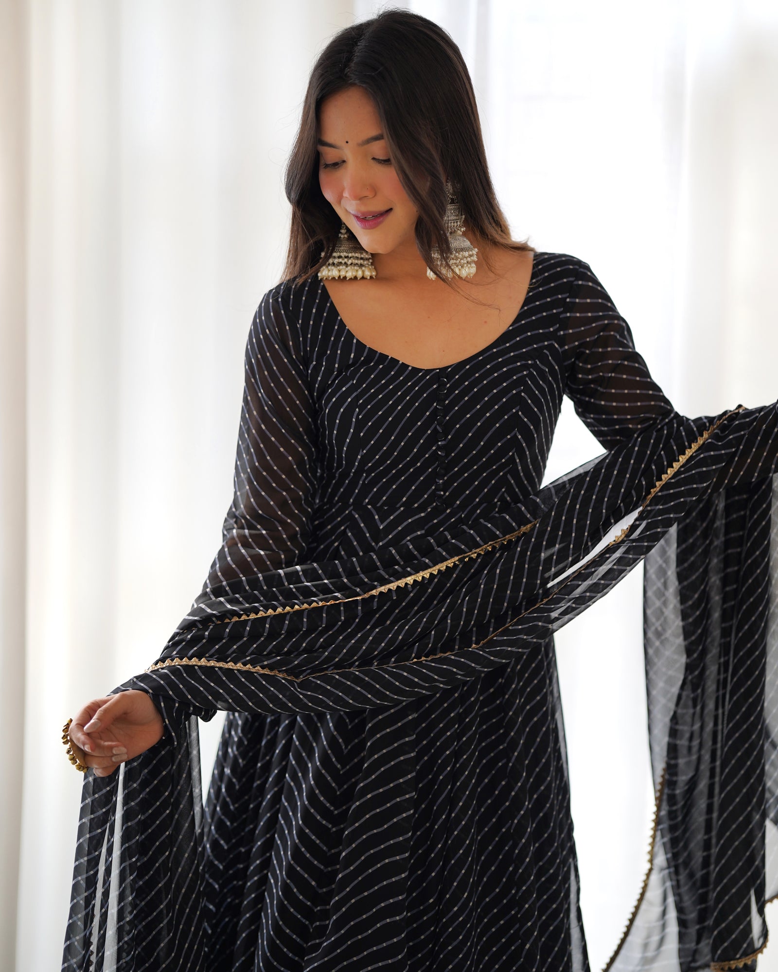 Black High-End Pure Fox Georgette Laheriya Print Anarkali Set with Dupatta – Perfect for Summer Weddings