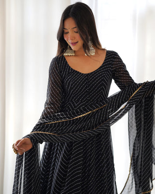 Black High-End Pure Fox Georgette Laheriya Print Anarkali Set with Dupatta – Perfect for Summer Weddings