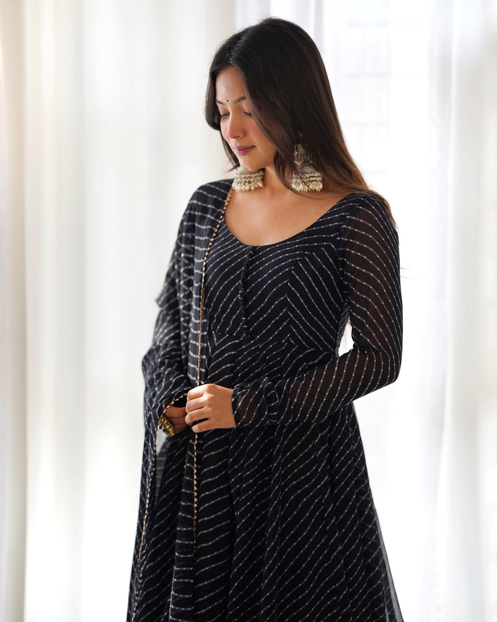 Black High-End Pure Fox Georgette Laheriya Print Anarkali Set with Dupatta – Perfect for Summer Weddings