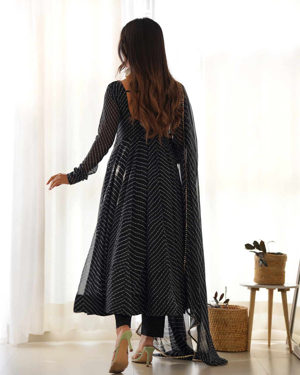 Black High-End Pure Fox Georgette Laheriya Print Anarkali Set with Dupatta – Perfect for Summer Weddings