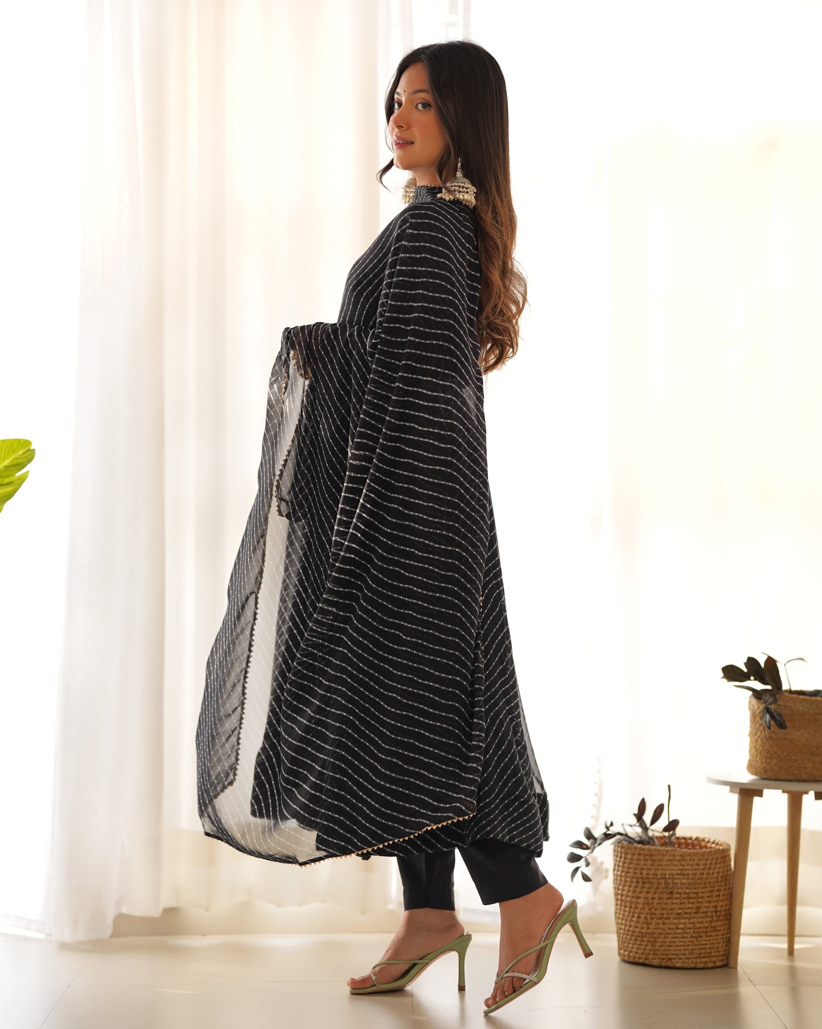 Black High-End Pure Fox Georgette Laheriya Print Anarkali Set with Dupatta – Perfect for Summer Weddings