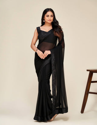 Black Hot Georgette Saree with Stunning Sequin Work ClothsVilla