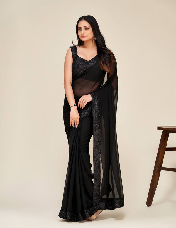Black Hot Georgette Saree with Stunning Sequin Work ClothsVilla