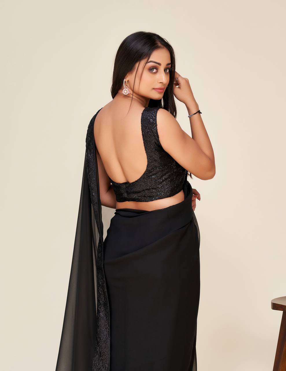 Black Hot Georgette Saree with Stunning Sequin Work ClothsVilla