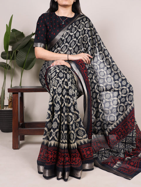 Black Ikkat Print Chanderi Saree ClothsVilla Main image