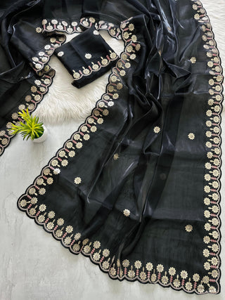 Black Jimmy Choo Saree with Beautiful Jaipuri Gota Work – Complete with Matching Running Blouse ClothsVilla