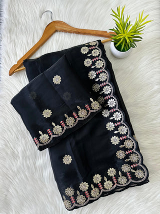 Black Jimmy Choo Saree with Beautiful Jaipuri Gota Work – Complete with Matching Running Blouse ClothsVilla