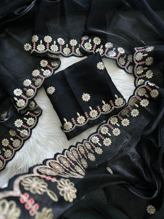 Black Jimmy Choo Saree with Beautiful Jaipuri Gota Work – Complete with Matching Running Blouse ClothsVilla