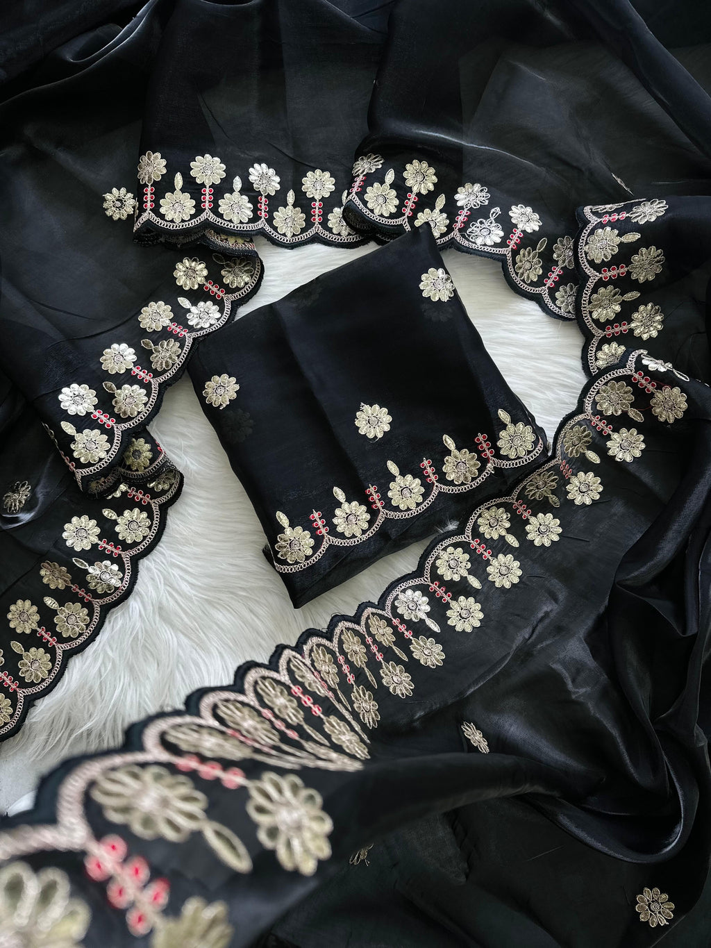 Black Jimmy Choo Saree with Beautiful Jaipuri Gota Work – Complete with Matching Running Blouse ClothsVilla