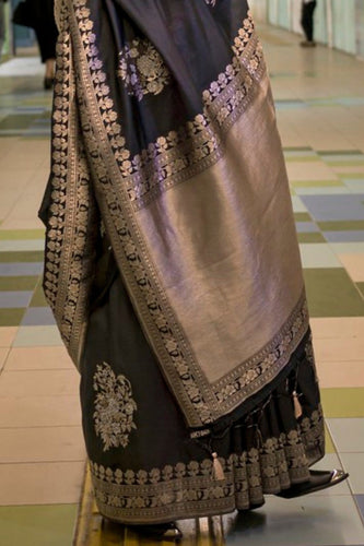 Black Katan Handloom Silk Saree with Blouse Piece ClothsVilla