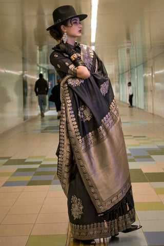 Black Katan Handloom Silk Saree with Blouse Piece ClothsVilla