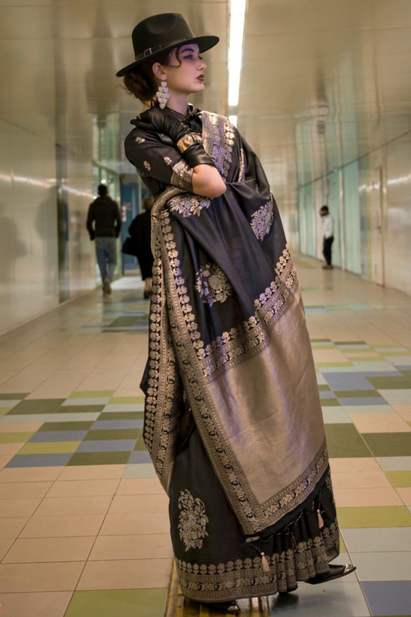 Black Katan Handloom Silk Saree with Blouse Piece ClothsVilla Main image